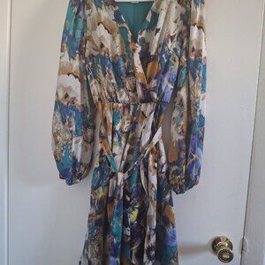 Nicole Miller NY XS Floral Chiffon Wrap Dress w/ Tie Waist - Boho Elegant